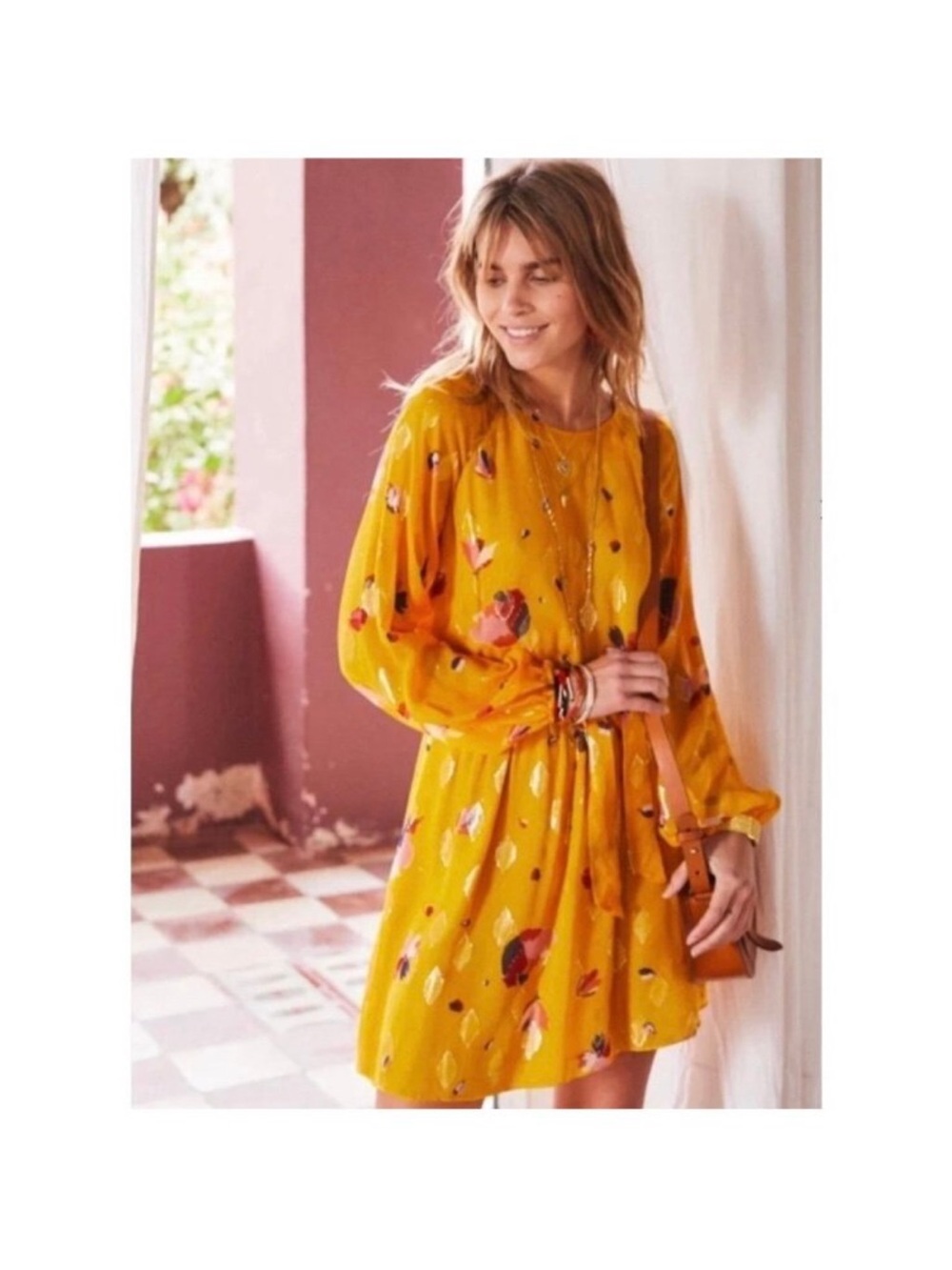 Sezane Aurelia Silk Dress in Saffron Metallic Floral Details Size 38 fits 8/10